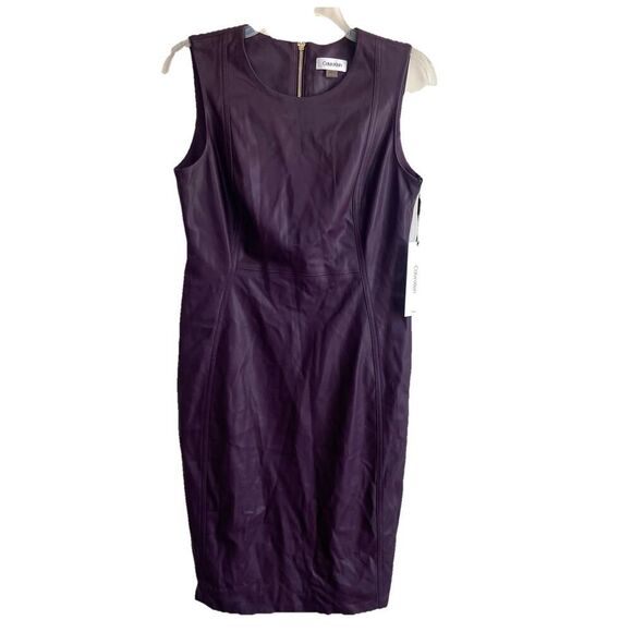 Calvin Klein Faux Leather Sleeveless Sheath Dress Purple Plum Size 8 - Picture 2 of 11